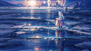 masterpiece,colorful,{best quality},detailed eyes,high constrast,ultra high res.,amidef,Seele is in a ice mountain seeing a huge blue,purple glowing ice village with glowing nebula sky while the sun is setting down with big galaxy like stars.,giving a sad yet with a little hope. ,animal ears,long hair,hikaru1,layersuit,full_body,reflection in the ice and snown