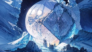 masterpiece,colorful,{best quality},detailed eyes,high constrast,ultra high res.,ice mountain with giant castle with variety of color with glowing nebula sky while the sun is setting down with big galaxy like stars.,giving a sad yet noltagic hope of the future.,layersuit,reflection in the ice and snown,no humans