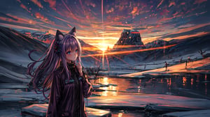 masterpiece,colorful,{best quality},detailed eyes,high constrast,ultra high res.,amidef,Seele is in a ice mountain seeing a huge blueprple glowing ice village with glowing nebula sky while the sun is setting down with big galaxy like stars.,giving a sad yet with a little hope. ,animal ears,long hair,hikaru1,layersuit