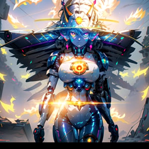 big_boobies,masterpiece,colorful,best quality,detailed hand and eyes, pupil_ magic:circle eye,high constrast,ultra high res,mecha musume,mecha, "A girl is using a amazing mecha armour that easily shines agains the sun rays coming from around her she's uses 2 mecha gloves with the same colors in her breath taking mechanical thruster wings that makes her float above the ground,shes looking at a building with her colorful glowing eyes and a curious face,she is in a ruins city.