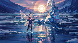 masterpiece,colorful,{best quality},detailed eyes,high constrast,ultra high res.,amidef,the girl is in a ice mountain river with glowing nebula sky while the sun is setting down with big galaxy like stars.,giving a sad yet a little hope in the future. ,animal ears,long hair,hikaru1,layersuit,full_body,reflection in the ice and snown