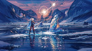 masterpiece,colorful,{best quality},detailed eyes,high constrast,ultra high res.,amidef,the girl c.c is in a ice mountain river with glowing nebula sky while the sun is setting down with big galaxy like stars.,giving a sad yet a little hope in the future.,long hair,hikaru1,layersuit,full_body,reflection in the ice and snown,c.c