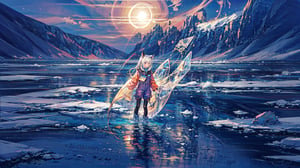 masterpiece,colorful,{best quality},detailed eyes,high constrast,ultra high res.,amidef,the girl is in a ice mountain river with glowing nebula sky while the sun is setting down with big galaxy like stars.,giving a sad yet a little hope in the future. ,animal ears,long hair,hikaru1,layersuit,full_body,reflection in the ice and snown