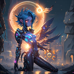 masterpiece,colorful,best quality,detailed hand and eyes, pupil_ magic:circle eye,high constrast,ultra high res,mecha musume,mecha,mecha girl, "A hot human elf girl is inside a amazing mecha bodysuit armour that cover some parts of her body and that armour easily shines agains the sun rays coming from around her she's uses 2 mecha gloves with the same colors in her breath taking mechanical thruster style wings that makes her float above the ground,shes looking at a building with her colorful glowing eyes and a curious face she is searching for something in that
vast ruins of once a giant city with very open space around her,the wings glow at a nebular colorfull color with her full body showing in a humanoid form,she has a small body.Mechanical parts,bodysuit,she have a tiny yet powerful scythe that can cut through almost everything and follows her around protecting her,theres a huge sun with a magic circle in it.