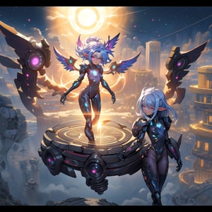 masterpiece,colorful,best quality,detailed hand and eyes, pupil_ magic:circle eye,high constrast,ultra high res,mecha musume,mecha,mecha girl, "A hot human elf girl is inside a amazing mecha bodysuit armour that cover some parts of her body and that armour easily shines agains the sun rays coming from around her she's uses 2 mecha gloves with the same colors in her breath taking mechanical thruster style wings that makes her float above the ground,shes looking at a building with her colorful glowing eyes and a curious face she is searching for something in that
vast ruins of once a giant city with very open space around her,the wings glow at a nebular colorfull color with her full body showing in a humanoid form,she has a small body.Mechanical parts,bodysuit,she have a tiny yet powerful scythe that can cut through almost everything and follows her around protecting her,theres a huge sun with a magic circle in it,she is not alone,she has a girl like her in her exploration team,loli