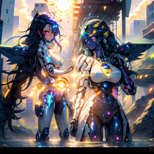 big_boobies,masterpiece,colorful,best quality,detailed hand and eyes, pupil_ magic:circle eye,high constrast,ultra high res,mecha musume,mecha, "A girl is using a amazing mecha armour that easily shines agains the sun rays coming from around her she's uses 2 mecha gloves with the same colors in her breath taking mechanical thruster style wings that makes her float above the ground,shes looking at a building with her colorful glowing eyes and a curious face she is searching for something in that
ruins city.