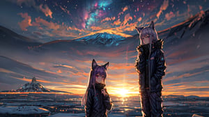 masterpiece,colorful,{best quality},detailed eyes,high constrast,ultra high res.,amidef,Seele is in a ice mountain seeing a huge blueprple glowing ice village with glowing nebula sky while the sun is setting down with big galaxy like stars.,giving a sad yet with a little hope. ,animal ears,long hair,hikaru1,layersuit