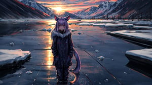 masterpiece,colorful,{best quality},detailed eyes,high constrast,ultra high res.,amidef,Seele is in a ice mountain seeing a huge blueprple glowing ice village with glowing nebula sky while the sun is setting down with big galaxy like stars.,giving a sad yet with a little hope. ,animal ears,long hair,hikaru1,layersuit,full_body,reflection in the ice and snown
