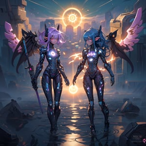 masterpiece,colorful,best quality,detailed hand and eyes, pupil_ magic:circle eye,high constrast,ultra high res,mecha musume,mecha,mecha girl, "A hot human elf girl is inside a amazing mecha bodysuit armour that cover some parts of her body and that armour easily shines agains the sun rays coming from around her she's uses 2 mecha gloves with the same colors in her breath taking mechanical thruster style wings that makes her float above the ground,shes looking at a building with her colorful glowing eyes and a curious face she is searching for something in that
vast ruins of once a giant city with very open space around her,the wings glow at a nebular colorfull color with her full body showing in a humanoid form,she has a small body.Mechanical parts,bodysuit,she have a tiny yet powerful scythe that can cut through almost everything and follows her around protecting her,theres a huge sun with a magic circle in it,where she is theres water at her feet,theres something that look like a human watching her from distance.