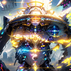 big_boobies,masterpiece,colorful,best quality,detailed hand and eyes, pupil_ magic:circle eye,high constrast,ultra high res,mecha musume,mecha, "A girl is using a amazing mecha armour that easily shines agains the sun rays coming from around her she's uses 2 mecha gloves with the same colors in her breath taking mechanical thruster style wings that makes her float above the ground,shes looking at a building with her colorful glowing eyes and a curious face she is searching for something in that
ruins city.