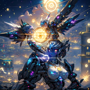 big_boobies,masterpiece,colorful,best quality,detailed hand and eyes, pupil_ magic:circle eye,high constrast,ultra high res,mecha musume,mecha,mecha girl, "A human girl is inside a amazing mecha armour that cover some parts of her body and that armour easily shines agains the sun rays coming from around her she's uses 2 mecha gloves with the same colors in her breath taking mechanical thruster style wings that makes her float above the ground,shes looking at a building with her colorful glowing eyes and a curious face she is searching for something in that
vast ruins of once a giant city with very open space around her,the wings glow at a nebular colorfull color with her full body showing in a humanoid form