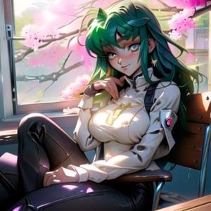 c.c,big_boobies,masterpiece,colorful,best quality, c.c sitting cross leg with hand into the chin,cute face, the background is a classroom where theres a huge window which light comes true and c.c is alone just chilling looking at the sakura trees through the window,c.c.,detailed hand and eyes, pupil_ magic:circle eye,high constrast,ultra high res,mecha musume,hands between legs