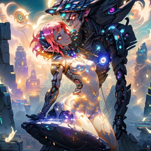 masterpiece,colorful,best quality,detailed hand and eyes, pupil_ magic:circle eye,high constrast,ultra high res,mecha musume,mecha,mecha girl, "A hot human elf girl is inside a amazing mecha bodysuit armour that cover some parts of her body and that armour easily shines agains the sun rays coming from around her she's uses 2 mecha gloves with the same colors in her breath taking mechanical thruster style wings that makes her float above the ground,shes looking at a building with her colorful glowing eyes and a curious face she is searching for something in that
vast ruins of once a giant city with very open space around her,the wings glow at a nebular colorfull color with her full body showing in a humanoid form,she has a small body.Mechanical parts,bodysuit