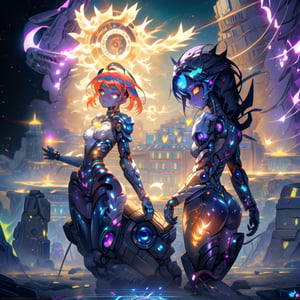 masterpiece,colorful,best quality,detailed hand and eyes, pupil_ magic:circle eye,high constrast,ultra high res,mecha musume,mecha,mecha girl, "A human girl is inside a amazing mecha armour that cover some parts of her body and that armour easily shines agains the sun rays coming from around her she's uses 2 mecha gloves with the same colors in her breath taking mechanical thruster style wings that makes her float above the ground,shes looking at a building with her colorful glowing eyes and a curious face she is searching for something in that
vast ruins of once a giant city with very open space around her,the wings glow at a nebular colorfull color with her full body showing in a humanoid form,she has a small body.Mechanical parts,bodysuit