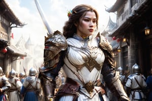 Princess knight, white armor, wielding sword, walking down the market, medieval buildings,Asian,armor