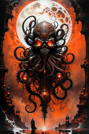 Ultra-wide-angle,stempunk, photorealistic medieval gothic shot of an exciting fusion between Spawn and a White terminator octopus, resulting in a new character that embodies elements of both, ((spiderwebs)), (((Oil lanterns))), gears in the background, people, see. Black, white and rust, brown and neon orange, Ink Flow - 8k Resolution Photorealistic Masterpiece - by Aaron Horkey and Jeremy Mann - Intricately Detailed. fluid gouache painting: by Jean Baptiste Mongue: calligraphy: acrylic: colorful watercolor, cinematic lighting, maximalist photoillustration: by marton bobzert: 8k resolution concept art, intricately detailed realism, complex, elegant, expansive, fantastical and psychedelic, dripping paint , in the chasm of the empire estate, night,  moon, buildings, reflections, eerie, creepy, dark,  Horror StyleUltra-wide-angle,stempunk, photorealistic medieval gothic shot of an exciting fusion between Spawn and a terminator octopus, resulting in a new character that embodies elements of both, ((hovering over a cross statue)), ((spiderwebs)), ((with Oil lanterns glowing red)), eerie mysterious scene, dark, fantasy art, horror, sleepy hollow style, grimdark style, Movie Still, moody colours,digital artwork by Beksinski )) gears in the background, people, see. Black, white and neon orange, and rust and brown, Ink Flow - 8k Resolution Photorealistic Masterpiece - by Aaron Horkey and Jeremy Mann - Intricately Detailed. fluid gouache painting: by Jean Baptiste Mongue: calligraphy: acrylic: colorful watercolor, cinematic lighting, maximalist photoillustration: by marton bobzert: 8k resolution concept art, intricately detailed realism, complex, elegant, expansive, fantastical and psychedelic, dripping paint , night,  moon, buildings, reflections