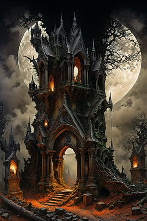 Ultra-wide-angle, photorealistic medieval gothic steam punk shot of an exciting fusion between Spawn and ((A spiderweb and a creepy  graveyard)), As moonlight pierces through the dense canopy of ((ancient trees)), casting eerie shadows over the decrepit  graveyard, an unsettling chill permeates the air. , its weathered stone adorned with ((cryptic symbols and crumbling statues of grotesque angels)). Ivy snakes its way up the sides, adding to the sense of decay and abandonment. ((The graveyard)) sprawls out before it, rows upon rows of weathered tombstones, some leaning precariously as if trying to escape their earthly confines. Wisps of mist drift through the graves, obscuring the sight of lurking horrors that may lie beneath. In the distance, the mournful howl of a lone wolf echoes through the night, sending shivers down your spine as you realize you are not alone in this forsaken place, panoramic view, extremely high-resolution details, photographic, realism pushed to extreme, fine texture, incredibly lifelike perfect shadows, atmospheric lighting, volumetric lighting, sharp focus, masterpiece, professional, award-winning, exquisite detailed, highly detailed, UHD, 64k, eerie, mysterious scene, dark, fantasy art, horror, sleepy hollow style, grimdark style, Movie Still, moody colours, undead,digital artwork by Beksinski, fantasy village)), in a new character that embodies elements of both, (((spiderwebs))), (((Street view))), silver mechanical gears in the background, people, see. Black and natural colors, ink Flow - 8k Resolution Photorealistic Masterpiece - by Aaron Horkey and Jeremy Mann - Intricately Detailed. fluid gouache painting: by Jean Baptiste Mongue: calligraphy: acrylic: colorful watercolor, cinematic lighting, maximalist photoillustration: by marton bobzert: 8k resolution concept art, intricately detailed realism, complex, elegant, expansive, fantastical and psychedelic, dripping paint , in the chasm of the empire estate, night, the moon, buildings, reflections, wings, and other elements need to stay in frame,(isolate object)