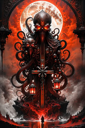 Ultra-wide-angle,stempunk, photorealistic medieval gothic shot of an exciting fusion between Spawn and a terminator octopus, resulting in a new character that embodies elements of both, ((hovering over a cross statue)), ((spiderwebs)), ((with Oil lanterns glowing red)), eerie mysterious scene, dark, fantasy art, horror, sleepy hollow style, grimdark style, Movie Still, moody colours,digital artwork by Beksinski )) gears in the background, people, see. Black, white and neon orange, and rust and brown, Ink Flow - 8k Resolution Photorealistic Masterpiece - by Aaron Horkey and Jeremy Mann - Intricately Detailed. fluid gouache painting: by Jean Baptiste Mongue: calligraphy: acrylic: colorful watercolor, cinematic lighting, maximalist photoillustration: by marton bobzert: 8k resolution concept art, intricately detailed realism, complex, elegant, expansive, fantastical and psychedelic, dripping paint , night,  moon, buildings, reflections