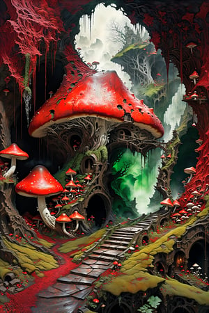 Ultra-wide-angle, photorealistic medieval gothic steam punk shot of an exciting fusion between Spawn and ((A spiderweb and a creepy  a huge dark underground cave, Various red mushrooms)), ((large mushroom)), a huge red tree at the end of the cave, the roots spread all the way to the top, panoramic view, extremely high-resolution details, photographic, realism pushed to extreme, fine texture, incredibly lifelike perfect shadows, atmospheric lighting, volumetric lighting, sharp focus, focus on eyes, masterpiece, professional, award-winning, exquisite detailed, highly detailed, UHD, 64k, eerie, mysterious scene, dark, fantasy art, horror, sleepy hollow style, grimdark style, Movie Still, moody colours, undead,digital artwork by Beksinski, fantasy village)), in a new character that embodies elements of both, (((spiderwebs))), (((Street view))), silver mechanical gears in the background, people, see. Black and red , rust and green and natural colors, ink Flow - 8k Resolution Photorealistic Masterpiece - by Aaron Horkey and Jeremy Mann - Intricately Detailed. fluid gouache painting: by Jean Baptiste Mongue: calligraphy: acrylic: colorful watercolor, cinematic lighting, maximalist photoillustration: by marton bobzert: 8k resolution concept art, intricately detailed realism, complex, elegant, expansive, fantastical and psychedelic, dripping paint , in the chasm of the empire estate, night, the moon, buildings, reflections, wings, and other elements need to stay in frame,(isolate object)
