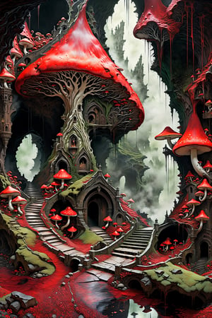 Ultra-wide-angle, photorealistic medieval gothic steam punk shot of an exciting fusion between Spawn and ((A spiderweb and a creepy  a huge dark underground cave, Various red mushrooms)), ((large mushroom)), a huge red tree at the end of the cave, the roots spread all the way to the top, panoramic view, extremely high-resolution details, photographic, realism pushed to extreme, fine texture, incredibly lifelike perfect shadows, atmospheric lighting, volumetric lighting, sharp focus, focus on eyes, masterpiece, professional, award-winning, exquisite detailed, highly detailed, UHD, 64k, eerie, mysterious scene, dark, fantasy art, horror, sleepy hollow style, grimdark style, Movie Still, moody colours, undead,digital artwork by Beksinski, fantasy village)), in a new character that embodies elements of both, (((spiderwebs))), (((Street view))), silver mechanical gears in the background, people, see. Black and red , rust and pale green and natural colors, ink Flow - 8k Resolution Photorealistic Masterpiece - by Aaron Horkey and Jeremy Mann - Intricately Detailed. fluid gouache painting: by Jean Baptiste Mongue: calligraphy: acrylic: colorful watercolor, cinematic lighting, maximalist photoillustration: by marton bobzert: 8k resolution concept art, intricately detailed realism, complex, elegant, expansive, fantastical and psychedelic, dripping paint , in the chasm of the empire estate, night, the moon, buildings, reflections, wings, and other elements need to stay in frame,(isolate object)