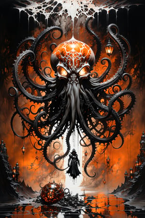 Ultra-wide-angle,stempunk, photorealistic medieval gothic shot of an exciting fusion between Spawn and a White terminator octopus, resulting in a new character that embodies elements of both, ((spiderwebs)), (((Oil lanterns))), gears in the background, people, see. Black, white and rust, brown and neon orange, Ink Flow - 8k Resolution Photorealistic Masterpiece - by Aaron Horkey and Jeremy Mann - Intricately Detailed. fluid gouache painting: by Jean Baptiste Mongue: calligraphy: acrylic: colorful watercolor, cinematic lighting, maximalist photoillustration: by marton bobzert: 8k resolution concept art, intricately detailed realism, complex, elegant, expansive, fantastical and psychedelic, dripping paint , in the chasm of the empire estate, night,  moon, buildings, reflections, eerie, creepy, dark,  Horror Style