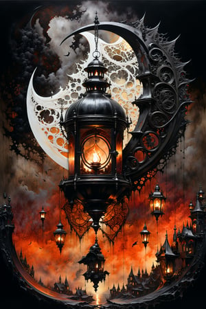 Ultra-wide-angle, photorealistic medieval gothic steam punk shot of an exciting fusion between Spawn and ((A spiderweb and a creepy A Crescent moon )), ((with Oil lanterns)) , eerie mysterious scene, dark, fantasy art, horror, sleepy hollow style, grimdark style, Movie Still, moody colours, undead,digital artwork by Beksinski )), in a new character that embodies elements of both, (((spiderwebs))), (((Street view))), silver mechanical gears in the background, people, see. Black and natural colors, ink Flow - 8k Resolution Photorealistic Masterpiece - by Aaron Horkey and Jeremy Mann - Intricately Detailed. fluid gouache painting: by Jean Baptiste Mongue: calligraphy: acrylic: colorful watercolor, cinematic lighting, maximalist photoillustration: by marton bobzert: 8k resolution concept art, intricately detailed realism, complex, elegant, expansive, fantastical and psychedelic, dripping paint , in the chasm of the empire estate, night, reflections, wings, and other elements need to stay in frame,(isolate object)