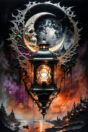 Ultra-wide-angle, photorealistic medieval gothic steam punk shot of an exciting fusion between Spawn and ((A spiderweb and a creepy The moon in Crescent form )), ((with a Oil lantern)) , eerie mysterious scene, dark, fantasy art, horror, sleepy hollow style, grimdark style, Movie Still, moody colours, undead,digital artwork by Beksinski )), in a new character that embodies elements of both, (((spiderwebs))), (((Street view))), silver mechanical gears in the background, people, see. Black and natural colors, ink Flow - 8k Resolution Photorealistic Masterpiece - by Aaron Horkey and Jeremy Mann - Intricately Detailed. fluid gouache painting: by Jean Baptiste Mongue: calligraphy: acrylic: colorful watercolor, cinematic lighting, maximalist photoillustration: by marton bobzert: 8k resolution concept art, intricately detailed realism, complex, elegant, expansive, fantastical and psychedelic, dripping paint , in the chasm of the empire estate, night, the moon, buildings, reflections, wings, and other elements need to stay in frame,(isolate object)