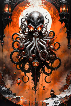 Ultra-wide-angle,stempunk, photorealistic medieval gothic shot of an exciting fusion between Spawn and a White terminator octopus, resulting in a new character that embodies elements of both, ((spiderwebs)), (((Oil lanterns))), gears in the background, people, see. Black, white and rust, brown and neon orange, Ink Flow - 8k Resolution Photorealistic Masterpiece - by Aaron Horkey and Jeremy Mann - Intricately Detailed. fluid gouache painting: by Jean Baptiste Mongue: calligraphy: acrylic: colorful watercolor, cinematic lighting, maximalist photoillustration: by marton bobzert: 8k resolution concept art, intricately detailed realism, complex, elegant, expansive, fantastical and psychedelic, dripping paint , in the chasm of the empire estate, night,  moon, buildings, reflections, eerie, creepy, dark,  Horror Style