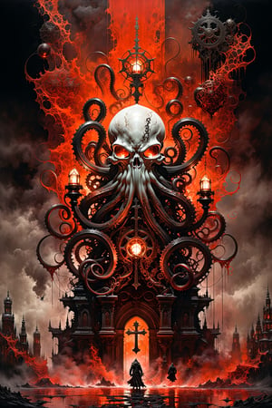 Ultra-wide-angle,stempunk, photorealistic medieval gothic shot of an exciting fusion between Spawn and a terminator octopus, resulting in a new character that embodies elements of both, ((hovering over a cross statue)), ((spiderwebs)), ((with Oil lanterns glowing red)), eerie mysterious scene, dark, fantasy art, horror, sleepy hollow style, grimdark style, Movie Still, moody colours,digital artwork by Beksinski )) gears in the background, people, see. Black, white and neon orange, and rust and brown, Ink Flow - 8k Resolution Photorealistic Masterpiece - by Aaron Horkey and Jeremy Mann - Intricately Detailed. fluid gouache painting: by Jean Baptiste Mongue: calligraphy: acrylic: colorful watercolor, cinematic lighting, maximalist photoillustration: by marton bobzert: 8k resolution concept art, intricately detailed realism, complex, elegant, expansive, fantastical and psychedelic, dripping paint , night,  moon, buildings, reflections