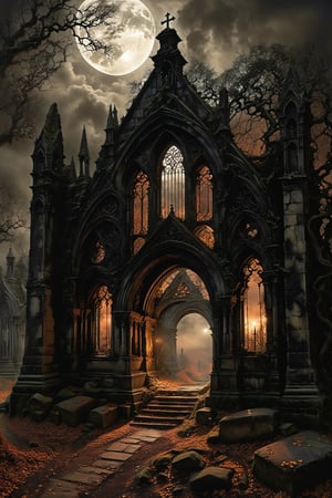 Ultra-wide-angle, photorealistic medieval gothic steam punk shot of an exciting fusion between Spawn and ((A spiderweb and a creepy  graveyard and mausoleum)), As moonlight pierces through the dense canopy of ancient trees, casting eerie shadows over the decrepit mausoleum and graveyard, an unsettling chill permeates the air. The mausoleum stands tall, its weathered stone walls adorned with cryptic symbols and crumbling statues of grotesque angels. Ivy snakes its way up the sides, adding to the sense of decay and abandonment. The graveyard sprawls out before it, rows upon rows of weathered tombstones, some leaning precariously as if trying to escape their earthly confines. Wisps of mist drift through the graves, obscuring the sight of lurking horrors that may lie beneath. In the distance, the mournful howl of a lone wolf echoes through the night, sending shivers down your spine as you realize you are not alone in this forsaken place, panoramic view, extremely high-resolution details, photographic, realism pushed to extreme, fine texture, incredibly lifelike perfect shadows, atmospheric lighting, volumetric lighting, sharp focus, masterpiece, professional, award-winning, exquisite detailed, highly detailed, UHD, 64k, eerie, mysterious scene, dark, fantasy art, horror, sleepy hollow style, grimdark style, Movie Still, moody colours, undead,digital artwork by Beksinski, fantasy village)), in a new character that embodies elements of both, (((spiderwebs))), (((Street view))), silver mechanical gears in the background, people, see. Black and natural colors, ink Flow - 8k Resolution Photorealistic Masterpiece - by Aaron Horkey and Jeremy Mann - Intricately Detailed. fluid gouache painting: by Jean Baptiste Mongue: calligraphy: acrylic: colorful watercolor, cinematic lighting, maximalist photoillustration: by marton bobzert: 8k resolution concept art, intricately detailed realism, complex, elegant, expansive, fantastical and psychedelic, dripping paint , in the chasm of the empire estate, night, the moon, buildings, reflections, wings, and other elements need to stay in frame,(isolate object)