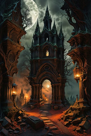 Ultra-wide-angle, photorealistic medieval gothic steam punk shot of an exciting fusion between Spawn and ((A spiderweb and a creepy  graveyard)), As moonlight pierces through the dense canopy of ((ancient trees)), casting eerie shadows over the decrepit  graveyard, an unsettling chill permeates the air. , its weathered stone adorned with ((cryptic symbols and crumbling statues of grotesque angels)). Ivy snakes its way up the sides, adding to the sense of decay and abandonment. ((The graveyard)) sprawls out before it, rows upon rows of weathered tombstones, some leaning precariously as if trying to escape their earthly confines. Wisps of mist drift through the graves, obscuring the sight of lurking horrors that may lie beneath. In the distance, the mournful howl of a lone wolf echoes through the night, sending shivers down your spine as you realize you are not alone in this forsaken place, panoramic view, extremely high-resolution details, photographic, realism pushed to extreme, fine texture, incredibly lifelike perfect shadows, atmospheric lighting, volumetric lighting, sharp focus, masterpiece, professional, award-winning, exquisite detailed, highly detailed, UHD, 64k, eerie, mysterious scene, dark, fantasy art, horror, sleepy hollow style, grimdark style, Movie Still, moody colours, undead,digital artwork by Beksinski, fantasy village)), in a new character that embodies elements of both, (((spiderwebs))), (((Street view))), silver mechanical gears in the background, people, see. Black and natural colors, ink Flow - 8k Resolution Photorealistic Masterpiece - by Aaron Horkey and Jeremy Mann - Intricately Detailed. fluid gouache painting: by Jean Baptiste Mongue: calligraphy: acrylic: colorful watercolor, cinematic lighting, maximalist photoillustration: by marton bobzert: 8k resolution concept art, intricately detailed realism, complex, elegant, expansive, fantastical and psychedelic, dripping paint , in the chasm of the empire estate, night, the moon, buildings, reflections, wings, and other elements need to stay in frame,(isolate object)