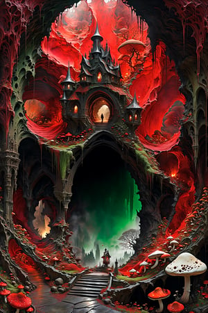 Ultra-wide-angle, photorealistic medieval gothic steam punk shot of an exciting fusion between Spawn and ((A spiderweb and a creepy  a huge dark underground cave, Various red mushrooms)), ((large mushroom)), a huge red tree at the end of the cave, the roots spread all the way to the top, panoramic view, extremely high-resolution details, photographic, realism pushed to extreme, fine texture, incredibly lifelike perfect shadows, atmospheric lighting, volumetric lighting, sharp focus, focus on eyes, masterpiece, professional, award-winning, exquisite detailed, highly detailed, UHD, 64k, eerie, mysterious scene, dark, fantasy art, horror, sleepy hollow style, grimdark style, Movie Still, moody colours, undead,digital artwork by Beksinski, fantasy village)), in a new character that embodies elements of both, (((spiderwebs))), (((Street view))), silver mechanical gears in the background, people, see. Black and red , rust and green and natural colors, ink Flow - 8k Resolution Photorealistic Masterpiece - by Aaron Horkey and Jeremy Mann - Intricately Detailed. fluid gouache painting: by Jean Baptiste Mongue: calligraphy: acrylic: colorful watercolor, cinematic lighting, maximalist photoillustration: by marton bobzert: 8k resolution concept art, intricately detailed realism, complex, elegant, expansive, fantastical and psychedelic, dripping paint , in the chasm of the empire estate, night, the moon, buildings, reflections, wings, and other elements need to stay in frame,(isolate object)