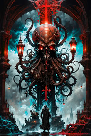 Ultra-wide-angle,stempunk, photorealistic medieval gothic shot of an exciting fusion between Spawn and a terminator octopus, resulting in a new character that embodies elements of both, ((hovering over a cross statue)), ((spiderwebs)), ((with Oil lanterns glowing red)), eerie mysterious scene, dark, fantasy art, horror, sleepy hollow style, grimdark style, Movie Still, moody colours,digital artwork by Beksinski )) gears in the background, people, see. Black, white and pale blue, neon blue and rust and brown, Ink Flow - 8k Resolution Photorealistic Masterpiece - by Aaron Horkey and Jeremy Mann - Intricately Detailed. fluid gouache painting: by Jean Baptiste Mongue: calligraphy: acrylic: colorful watercolor, cinematic lighting, maximalist photoillustration: by marton bobzert: 8k resolution concept art, intricately detailed realism, complex, elegant, expansive, fantastical and psychedelic, dripping paint , night,  moon, buildings, reflections
