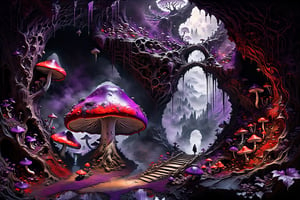 Ultra-wide-angle, photorealistic medieval gothic steam punk shot of an exciting fusion between Spawn and ((A spiderweb and a creepy  a huge dark underground cave, Various purple mushrooms)), ((large mushroom)), (((with a huge red leaf weeping tree at the end of the cave))), the roots spread all the way to the top, panoramic view, extremely high-resolution details, photographic, realism pushed to extreme, fine texture, incredibly lifelike perfect shadows, atmospheric lighting, volumetric lighting, sharp focus, focus on eyes, masterpiece, professional, award-winning, exquisite detailed, highly detailed, UHD, 64k, eerie, mysterious scene, dark, fantasy art, horror, sleepy hollow style, grimdark style, Movie Still, moody colours, undead,digital artwork by Beksinski, fantasy village)), in a new character that embodies elements of both, (((spiderwebs))), (((Street view))), silver mechanical gears in the background, people, see. Black and purple and natural color, ink Flow - 8k Resolution Photorealistic Masterpiece - by Aaron Horkey and Jeremy Mann - Intricately Detailed. fluid gouache painting: by Jean Baptiste Mongue: calligraphy: acrylic: colorful watercolor, cinematic lighting, maximalist photoillustration: by marton bobzert: 8k resolution concept art, intricately detailed realism, complex, elegant, expansive, fantastical and psychedelic, dripping paint , in the chasm of the empire estate, night, the moon, buildings, reflections, wings, and other elements need to stay in frame,(isolate object)