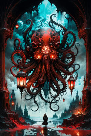 Ultra-wide-angle,stempunk, photorealistic medieval gothic shot of an exciting fusion between Spawn and a terminator octopus, resulting in a new character that embodies elements of both, ((spiderwebs)), ((with Oil lanterns glowing red)), eerie mysterious scene, dark, fantasy art, horror, sleepy hollow style, grimdark style, Movie Still, moody colours,digital artwork by Beksinski )) gears in the background, people, see. Black, white and pale blue, neon blue and rust and brown, Ink Flow - 8k Resolution Photorealistic Masterpiece - by Aaron Horkey and Jeremy Mann - Intricately Detailed. fluid gouache painting: by Jean Baptiste Mongue: calligraphy: acrylic: colorful watercolor, cinematic lighting, maximalist photoillustration: by marton bobzert: 8k resolution concept art, intricately detailed realism, complex, elegant, expansive, fantastical and psychedelic, dripping paint , night,  moon, buildings, reflections