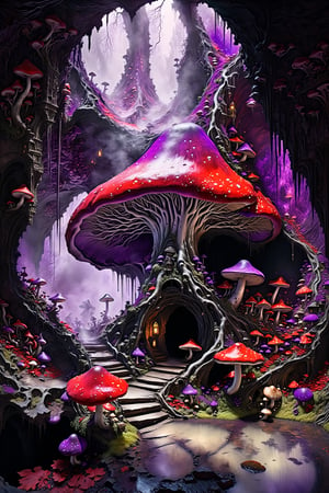 Ultra-wide-angle, photorealistic medieval gothic steam punk shot of an exciting fusion between Spawn and ((A spiderweb and a creepy  a huge dark underground cave, Various purple mushrooms)), ((large mushroom)), (((with a huge red leaf weeping tree at the end of the cave))), the roots spread all the way to the top, panoramic view, extremely high-resolution details, photographic, realism pushed to extreme, fine texture, incredibly lifelike perfect shadows, atmospheric lighting, volumetric lighting, sharp focus, focus on eyes, masterpiece, professional, award-winning, exquisite detailed, highly detailed, UHD, 64k, eerie, mysterious scene, dark, fantasy art, horror, sleepy hollow style, grimdark style, Movie Still, moody colours, undead,digital artwork by Beksinski, fantasy village)), in a new character that embodies elements of both, (((spiderwebs))), (((Street view))), silver mechanical gears in the background, people, see. Black and purple and natural color, ink Flow - 8k Resolution Photorealistic Masterpiece - by Aaron Horkey and Jeremy Mann - Intricately Detailed. fluid gouache painting: by Jean Baptiste Mongue: calligraphy: acrylic: colorful watercolor, cinematic lighting, maximalist photoillustration: by marton bobzert: 8k resolution concept art, intricately detailed realism, complex, elegant, expansive, fantastical and psychedelic, dripping paint , in the chasm of the empire estate, night, the moon, buildings, reflections, wings, and other elements need to stay in frame,(isolate object)