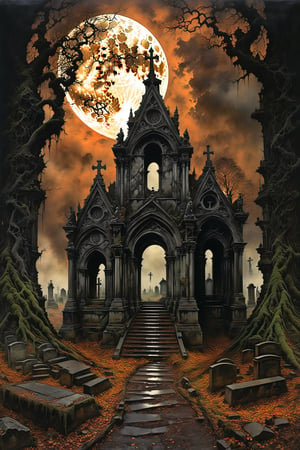 Ultra-wide-angle, photorealistic medieval gothic steam punk shot of an exciting fusion between Spawn and ((A spiderweb and a creepy  graveyard and mausoleum)), As moonlight pierces through the dense canopy of ((ancient trees)), casting eerie shadows over the decrepit mausoleum and graveyard, an unsettling chill permeates the air. The mausoleum stands tall, its weathered stone walls adorned with ((cryptic symbols and crumbling statues of grotesque angels)). Ivy snakes its way up the sides, adding to the sense of decay and abandonment. ((The graveyard)) sprawls out before it, rows upon rows of weathered tombstones, some leaning precariously as if trying to escape their earthly confines. Wisps of mist drift through the graves, obscuring the sight of lurking horrors that may lie beneath. In the distance, the mournful howl of a lone wolf echoes through the night, sending shivers down your spine as you realize you are not alone in this forsaken place, panoramic view, extremely high-resolution details, photographic, realism pushed to extreme, fine texture, incredibly lifelike perfect shadows, atmospheric lighting, volumetric lighting, sharp focus, masterpiece, professional, award-winning, exquisite detailed, highly detailed, UHD, 64k, eerie, mysterious scene, dark, fantasy art, horror, sleepy hollow style, grimdark style, Movie Still, moody colours, undead,digital artwork by Beksinski, fantasy village)), in a new character that embodies elements of both, (((spiderwebs))), (((Street view))), silver mechanical gears in the background, people, see. Black and natural colors, ink Flow - 8k Resolution Photorealistic Masterpiece - by Aaron Horkey and Jeremy Mann - Intricately Detailed. fluid gouache painting: by Jean Baptiste Mongue: calligraphy: acrylic: colorful watercolor, cinematic lighting, maximalist photoillustration: by marton bobzert: 8k resolution concept art, intricately detailed realism, complex, elegant, expansive, fantastical and psychedelic, dripping paint , in the chasm of the empire estate, night, the moon, buildings, reflections, wings, and other elements need to stay in frame,(isolate object)