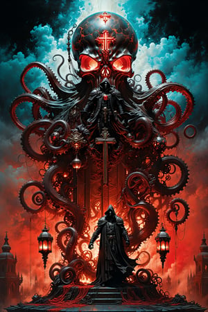 Ultra-wide-angle,stempunk, photorealistic medieval gothic shot of an exciting fusion between Spawn and a terminator octopus, resulting in a new character that embodies elements of both, ((hovering over a large cross statue)), ((spiderwebs)), ((with Oil lanterns glowing red)), eerie mysterious scene, dark, fantasy art, horror, sleepy hollow style, grimdark style, Movie Still, moody colours,digital artwork by Beksinski )) gears in the background, people, see. Black, white and pale blue, neon blue and rust and brown, Ink Flow - 8k Resolution Photorealistic Masterpiece - by Aaron Horkey and Jeremy Mann - Intricately Detailed. fluid gouache painting: by Jean Baptiste Mongue: calligraphy: acrylic: colorful watercolor, cinematic lighting, maximalist photoillustration: by marton bobzert: 8k resolution concept art, intricately detailed realism, complex, elegant, expansive, fantastical and psychedelic, dripping paint , night,  moon, buildings, reflections