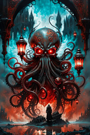 Ultra-wide-angle,stempunk, photorealistic medieval gothic shot of an exciting fusion between Spawn and a terminator octopus, resulting in a new character that embodies elements of both, ((spiderwebs)), ((with Oil lanterns glowing red)), eerie mysterious scene, dark, fantasy art, horror, sleepy hollow style, grimdark style, Movie Still, moody colours,digital artwork by Beksinski )) gears in the background, people, see. Black, white and pale blue, neon blue and rust and brown, Ink Flow - 8k Resolution Photorealistic Masterpiece - by Aaron Horkey and Jeremy Mann - Intricately Detailed. fluid gouache painting: by Jean Baptiste Mongue: calligraphy: acrylic: colorful watercolor, cinematic lighting, maximalist photoillustration: by marton bobzert: 8k resolution concept art, intricately detailed realism, complex, elegant, expansive, fantastical and psychedelic, dripping paint , night,  moon, buildings, reflections