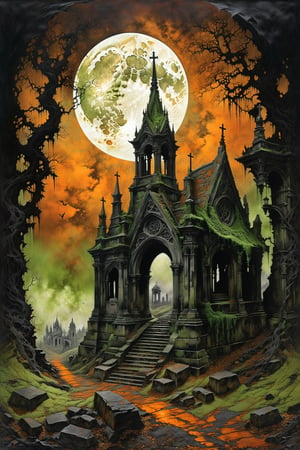 Ultra-wide-angle, photorealistic medieval gothic steam punk shot of an exciting fusion between Spawn and ((A spiderweb and a creepy  graveyard and mausoleum)), As moonlight pierces through the dense canopy of ancient trees, casting eerie shadows over the decrepit mausoleum and graveyard, an unsettling chill permeates the air. The mausoleum stands tall, its weathered stone walls adorned with cryptic symbols and crumbling statues of grotesque angels. Ivy snakes its way up the sides, adding to the sense of decay and abandonment. The graveyard sprawls out before it, rows upon rows of weathered tombstones, some leaning precariously as if trying to escape their earthly confines. Wisps of mist drift through the graves, obscuring the sight of lurking horrors that may lie beneath. In the distance, the mournful howl of a lone wolf echoes through the night, sending shivers down your spine as you realize you are not alone in this forsaken place, panoramic view, extremely high-resolution details, photographic, realism pushed to extreme, fine texture, incredibly lifelike perfect shadows, atmospheric lighting, volumetric lighting, sharp focus, masterpiece, professional, award-winning, exquisite detailed, highly detailed, UHD, 64k, eerie, mysterious scene, dark, fantasy art, horror, sleepy hollow style, grimdark style, Movie Still, moody colours, undead,digital artwork by Beksinski, fantasy village)), in a new character that embodies elements of both, (((spiderwebs))), (((Street view))), silver mechanical gears in the background, people, see. Black and  gold, rust and olive green and natural colors, ink Flow - 8k Resolution Photorealistic Masterpiece - by Aaron Horkey and Jeremy Mann - Intricately Detailed. fluid gouache painting: by Jean Baptiste Mongue: calligraphy: acrylic: colorful watercolor, cinematic lighting, maximalist photoillustration: by marton bobzert: 8k resolution concept art, intricately detailed realism, complex, elegant, expansive, fantastical and psychedelic, dripping paint , in the chasm of the empire estate, night, the moon, buildings, reflections, wings, and other elements need to stay in frame,(isolate object)