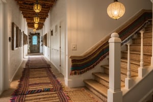 Eye-Level View, stair and corridor, lantern, Open Plan, Bohemian (Boho), Vibrant, Decorative Lighting, Natural Fibers with a Woven texture, flower, Romantic