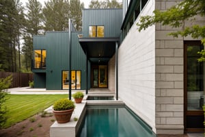 house exterior industry style, dark yellow and green color scheme, like an oldtime industry factory,raw materials, exposed structural elements, and simple, clean lines,rough-hewn steel, polished concrete, glass, and exposured brick,