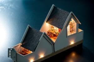 miniature house model in an aquarium box, aerial view, miniature