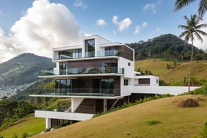 a contemporary luxury house with large span balcony on a slope hill , glass railing, coconut trees
