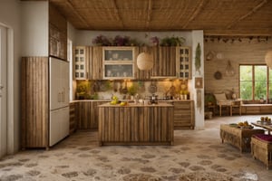 Eye-Level View, kitchen Room, cabinet, Open Plan, Bohemian (Boho), Vibrant, Decorative Lighting, Natural Fibers with a Woven texture, flower, Romantic