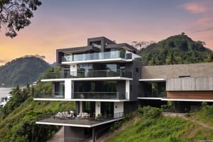 a contemporary luxury house with large span balcony on a slope hill nearby the river, glass railing, coconut trees