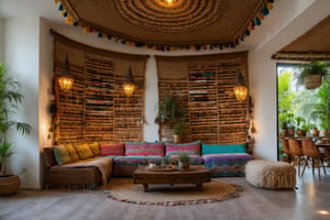 Eye-Level View, Living Room, Sofa, Open Plan, Bohemian (Boho), Vibrant, Decorative Lighting, Natural Fibers with a Woven texture, Books, Romantic