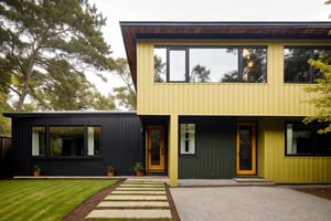 house exterior industry style, dark yellow and green color scheme, like an oldtime industry factory,raw materials, exposed structural elements, and simple, clean lines,rough-hewn steel, polished concrete, glass, and exposured brick, coconut forset hill