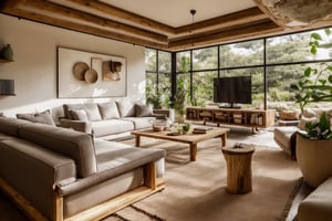 wabi sabi livingroom interior, large glass window, garden outside, dinning table and chair, couch, rough-hewn wood coffee table, day light, natural light, low contrast, potted plant, tv, tv cabinet, bookshelf, books, drape
