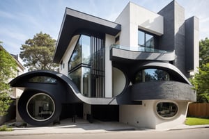 exterior of modern house in a city, curve sharp, smooth form, stone paverment, street road,